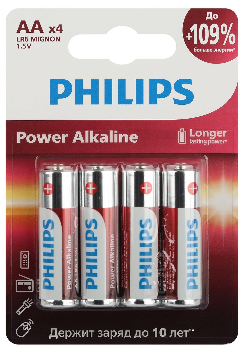 Батарейки Philips LR6P4B/51 AA алкалиновые, 1,5 В, 4 шт