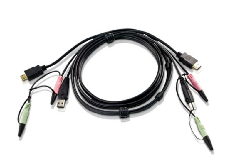 Кабель KVM ATEN 2L-7D02UH, HDMI + USB 2.0, 2×3.5 мм, 1.8 м, черный